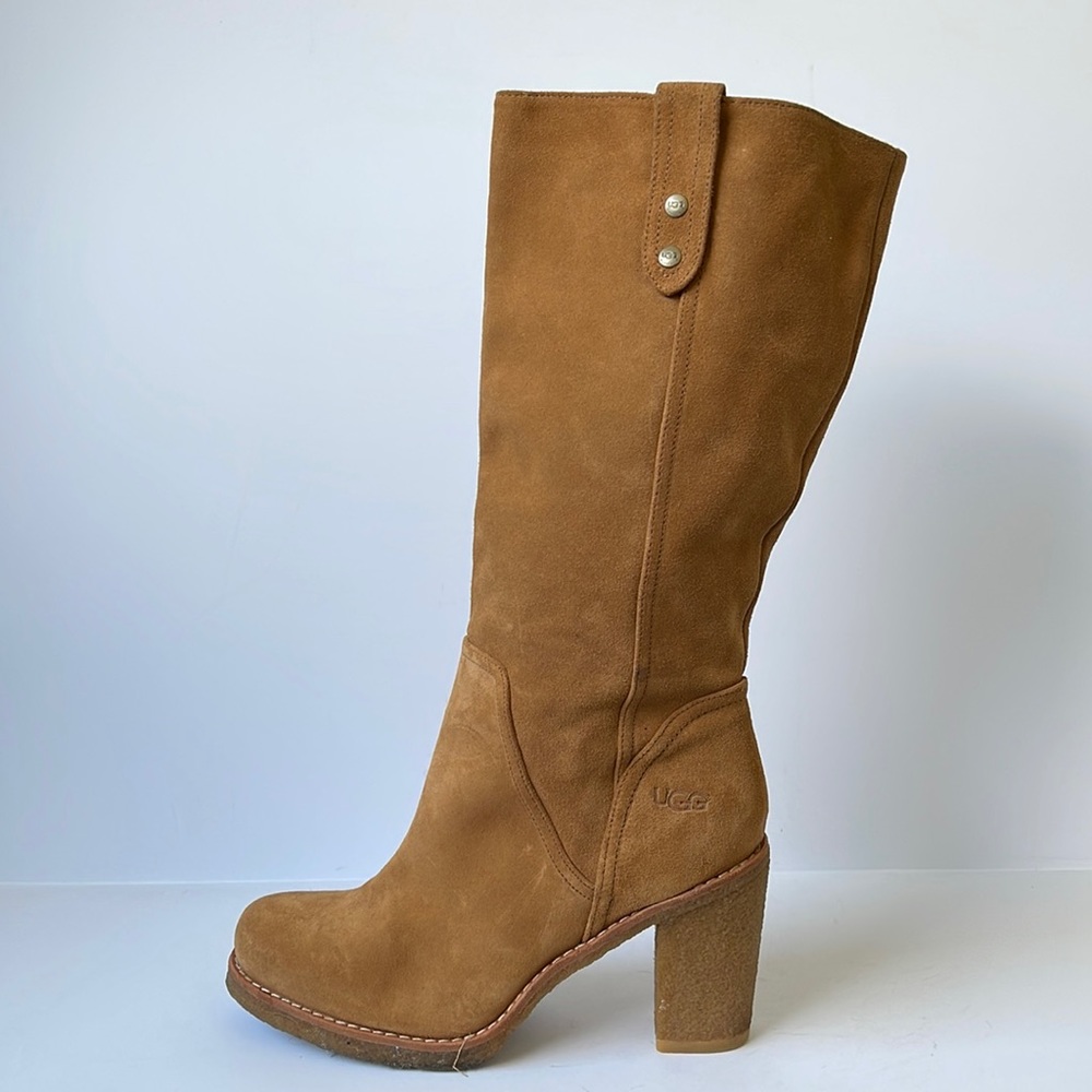 UGG Tall Suede Heeled Boots in Chestnut Brown